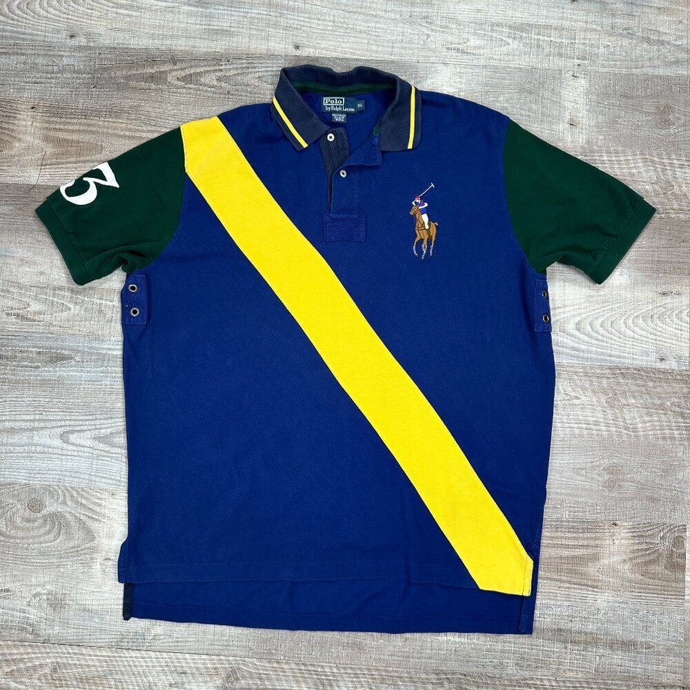 Vtg Ralph Lauren Polo XL Navy Blue/Green/Yellow BIG Pony #3 Short Sleeve Shirt